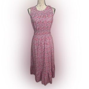 Sleeveless Pink Print Shirred-Waist Midi Dress